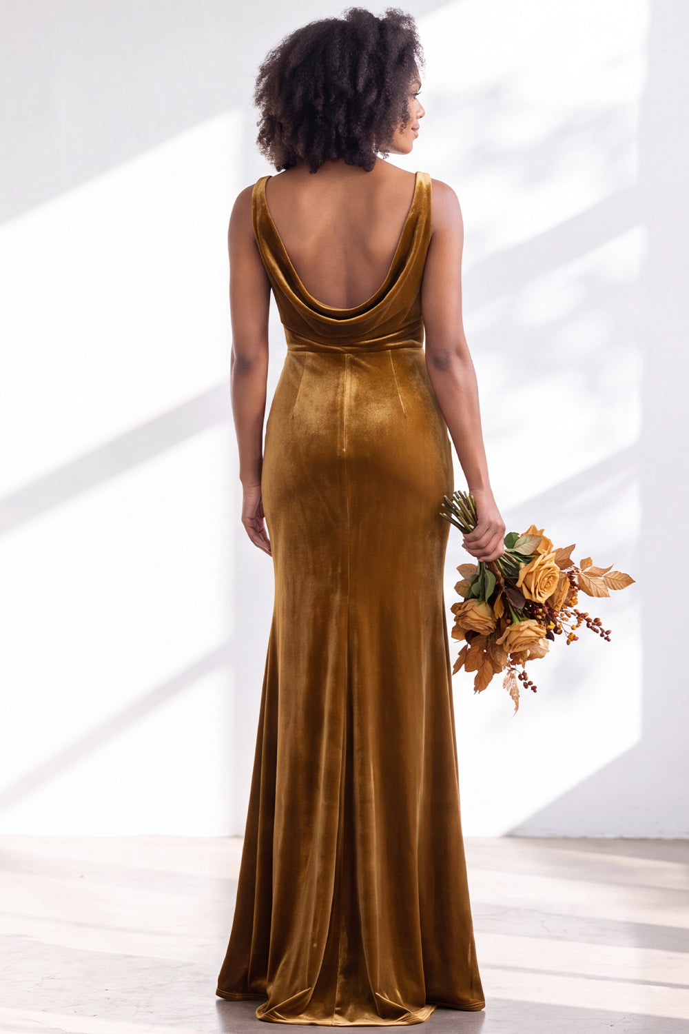 Burgundy Velvet Mermaid Cowl Neck Long Formal Dress