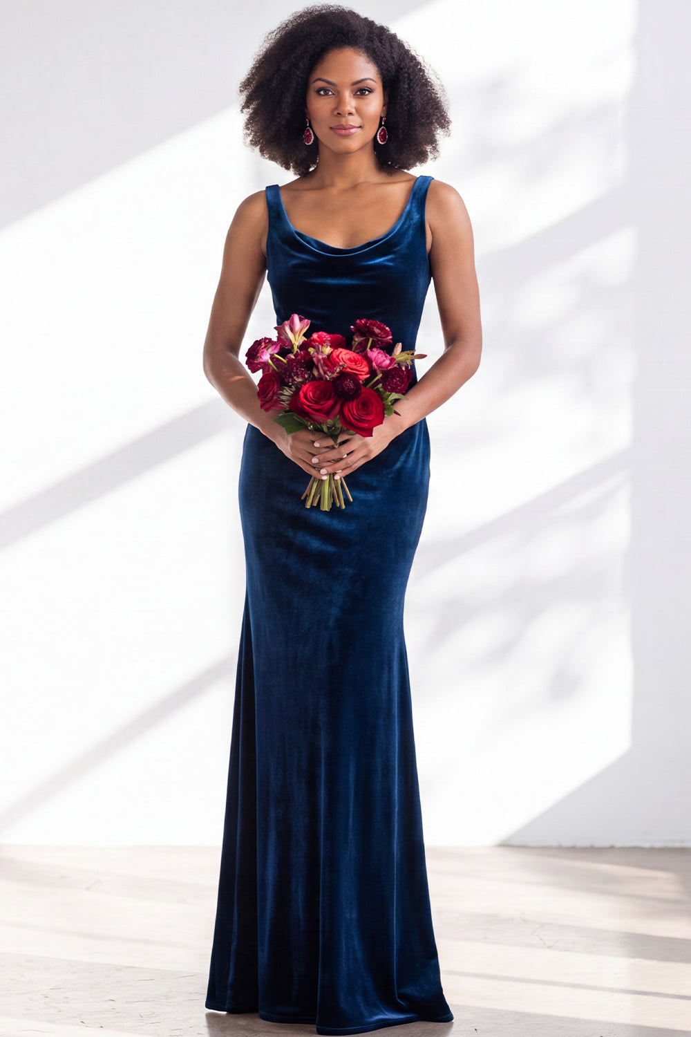 Burgundy Velvet Mermaid Cowl Neck Long Formal Dress