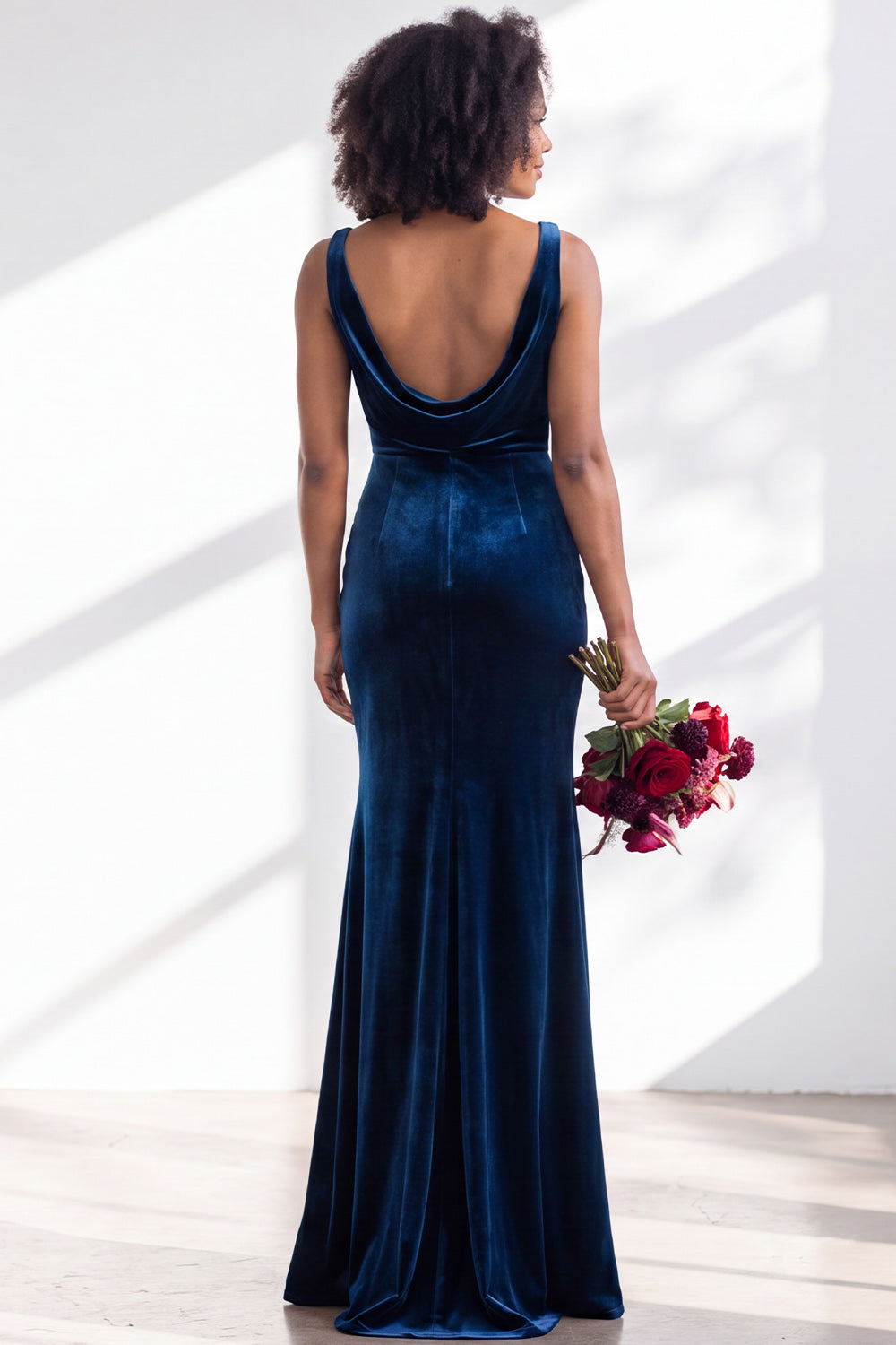 Burgundy Velvet Mermaid Cowl Neck Long Formal Dress