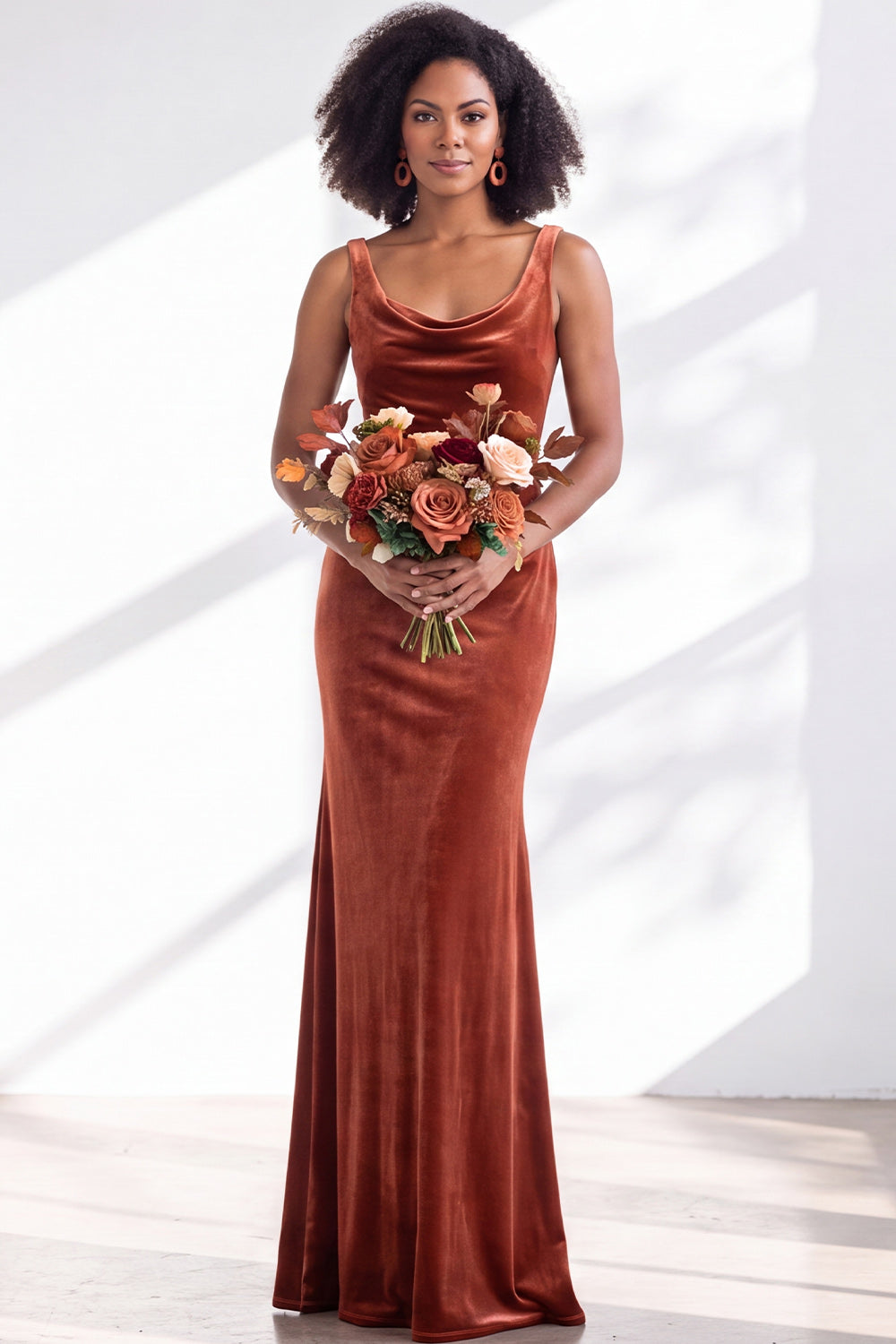 Burgundy Velvet Mermaid Cowl Neck Long Formal Dress