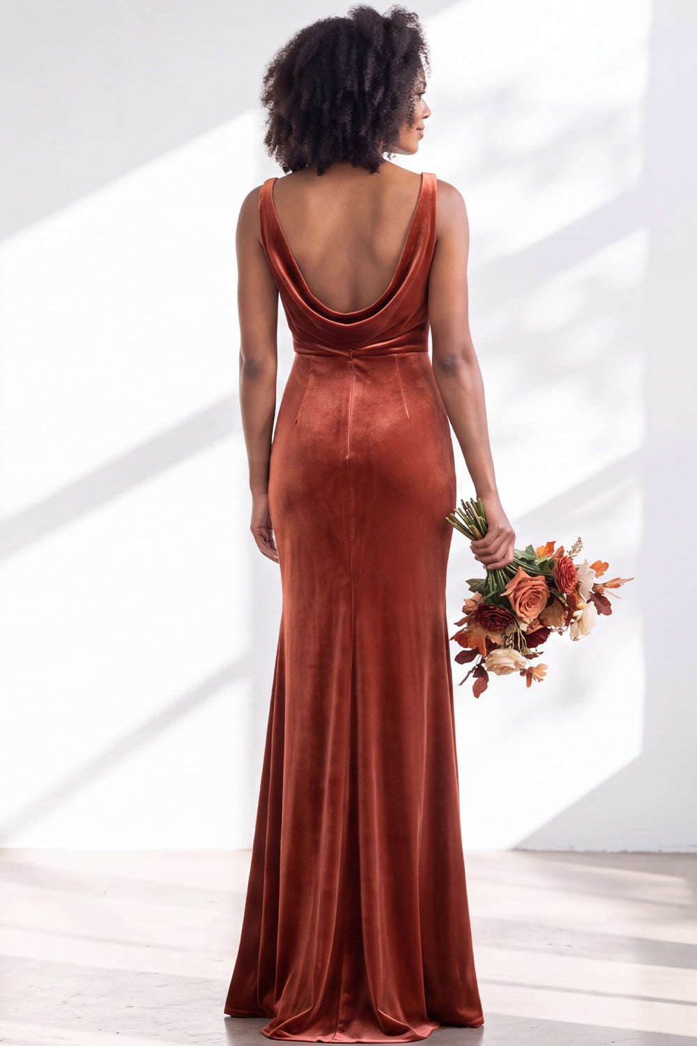 Burgundy Velvet Mermaid Cowl Neck Long Formal Dress