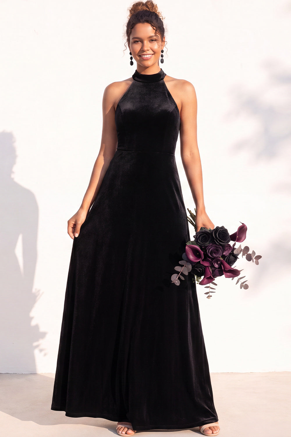 Dark Green A-Line Velvet Halter Long Formal Dress