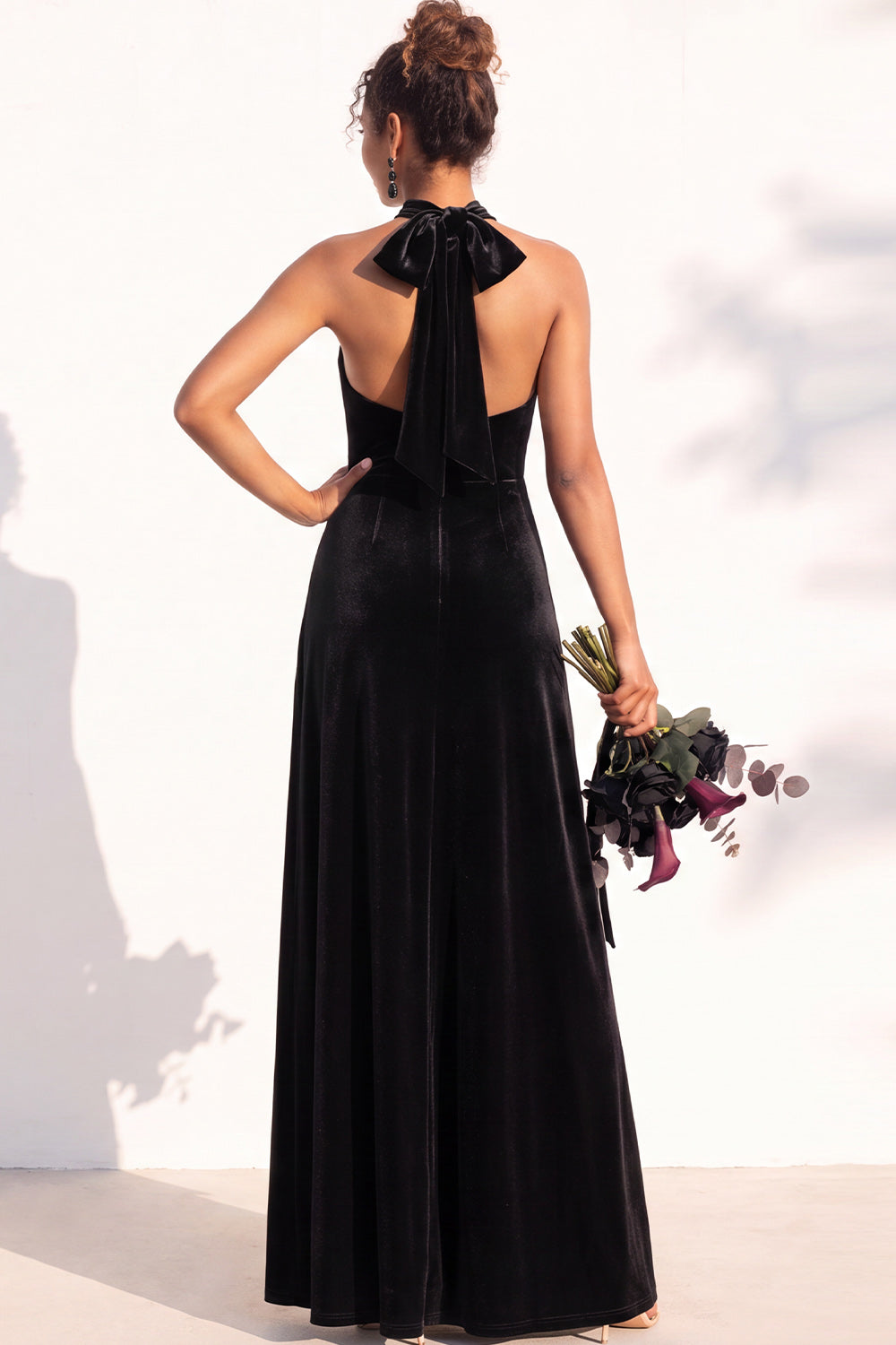 Dark Green A-Line Velvet Halter Long Formal Dress