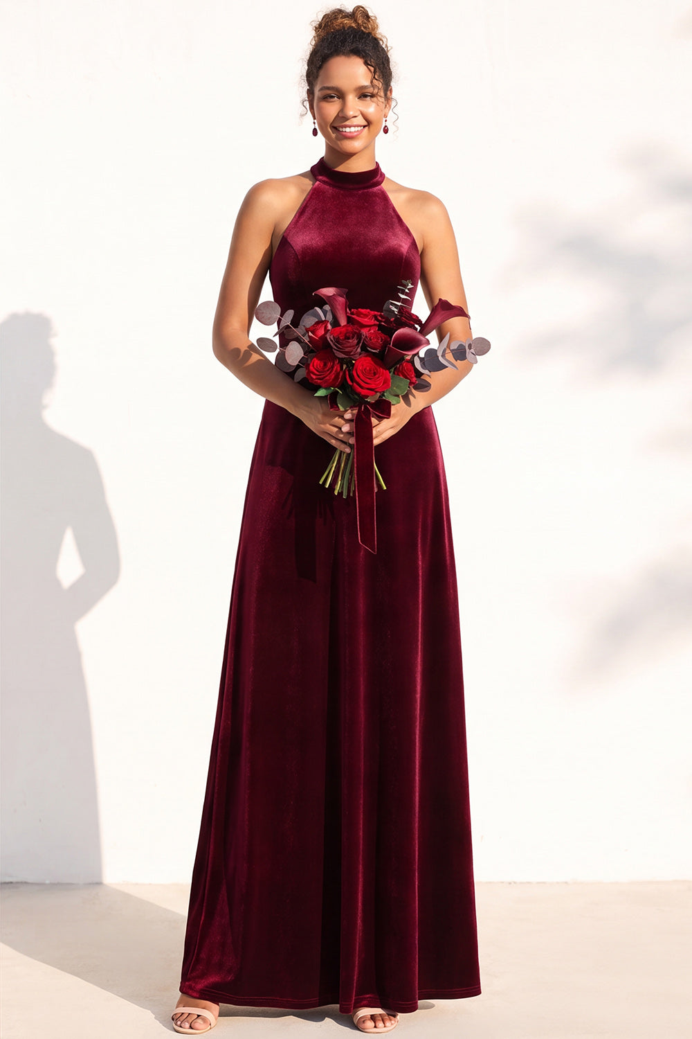 Dark Green A-Line Velvet Halter Long Formal Dress