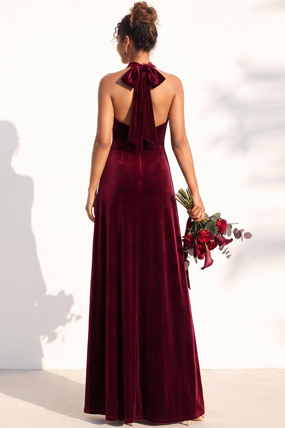 Dark Green A-Line Velvet Halter Long Formal Dress