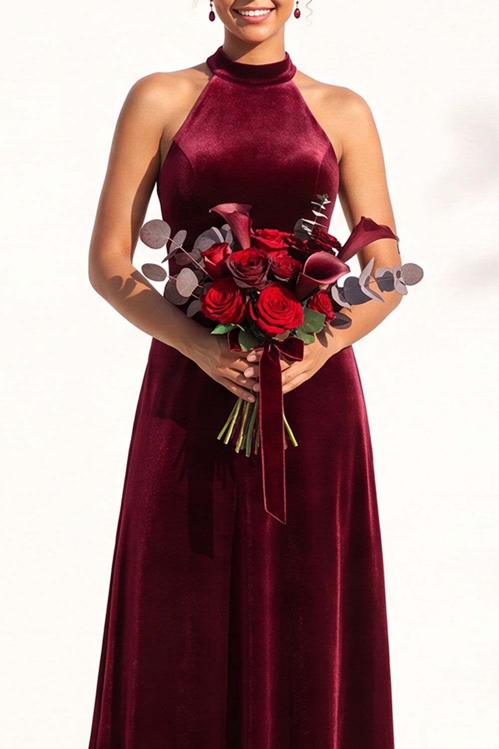 Dark Green A-Line Velvet Halter Long Formal Dress