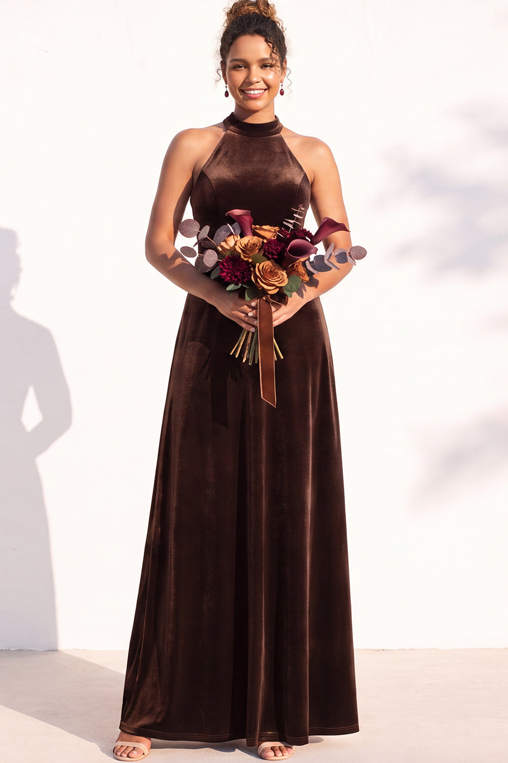 Dark Green A-Line Velvet Halter Long Formal Dress