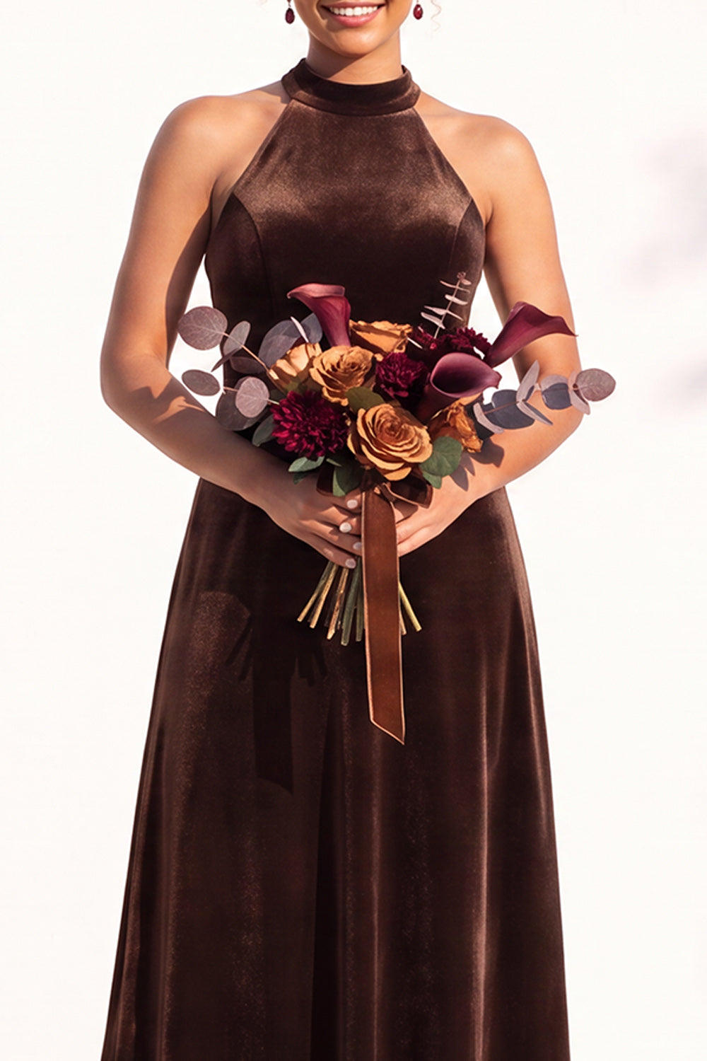 Dark Green A-Line Velvet Halter Long Formal Dress