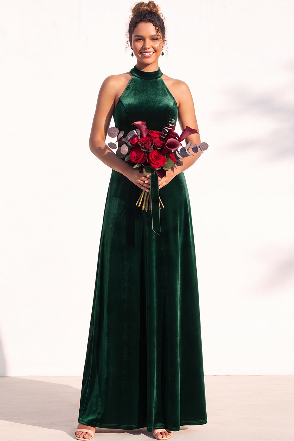 Dark Green A-Line Velvet Halter Long Formal Dress