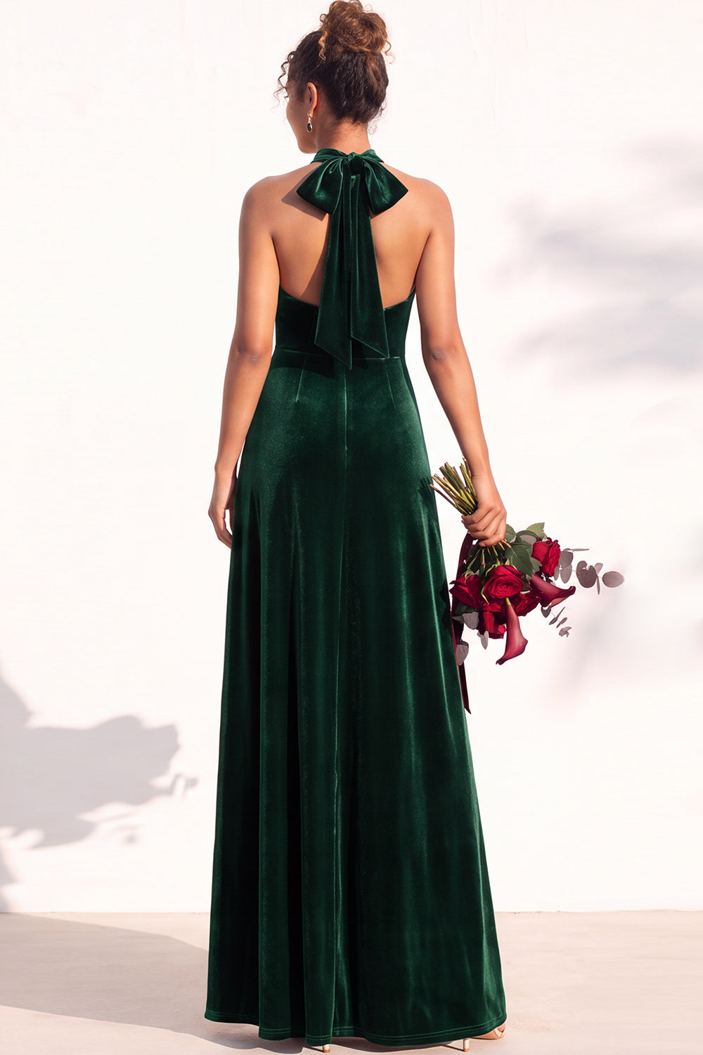 Dark Green A-Line Velvet Halter Long Formal Dress