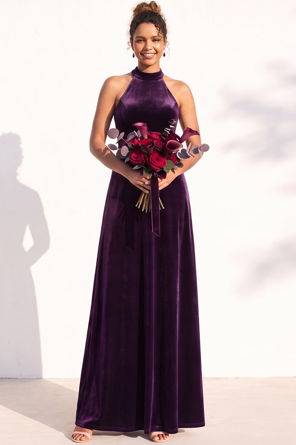 Dark Green A-Line Velvet Halter Long Formal Dress