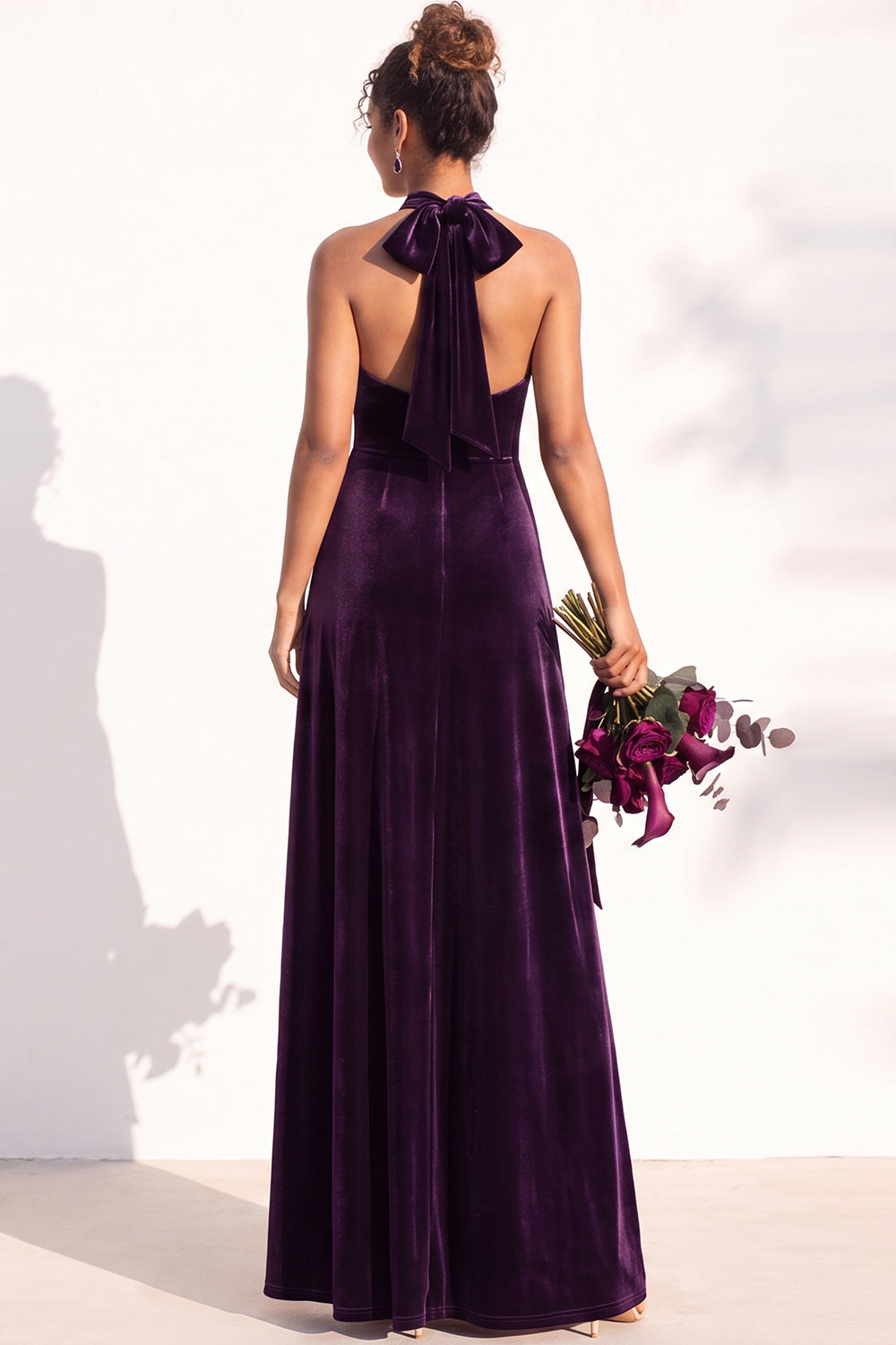 Dark Green A-Line Velvet Halter Long Formal Dress