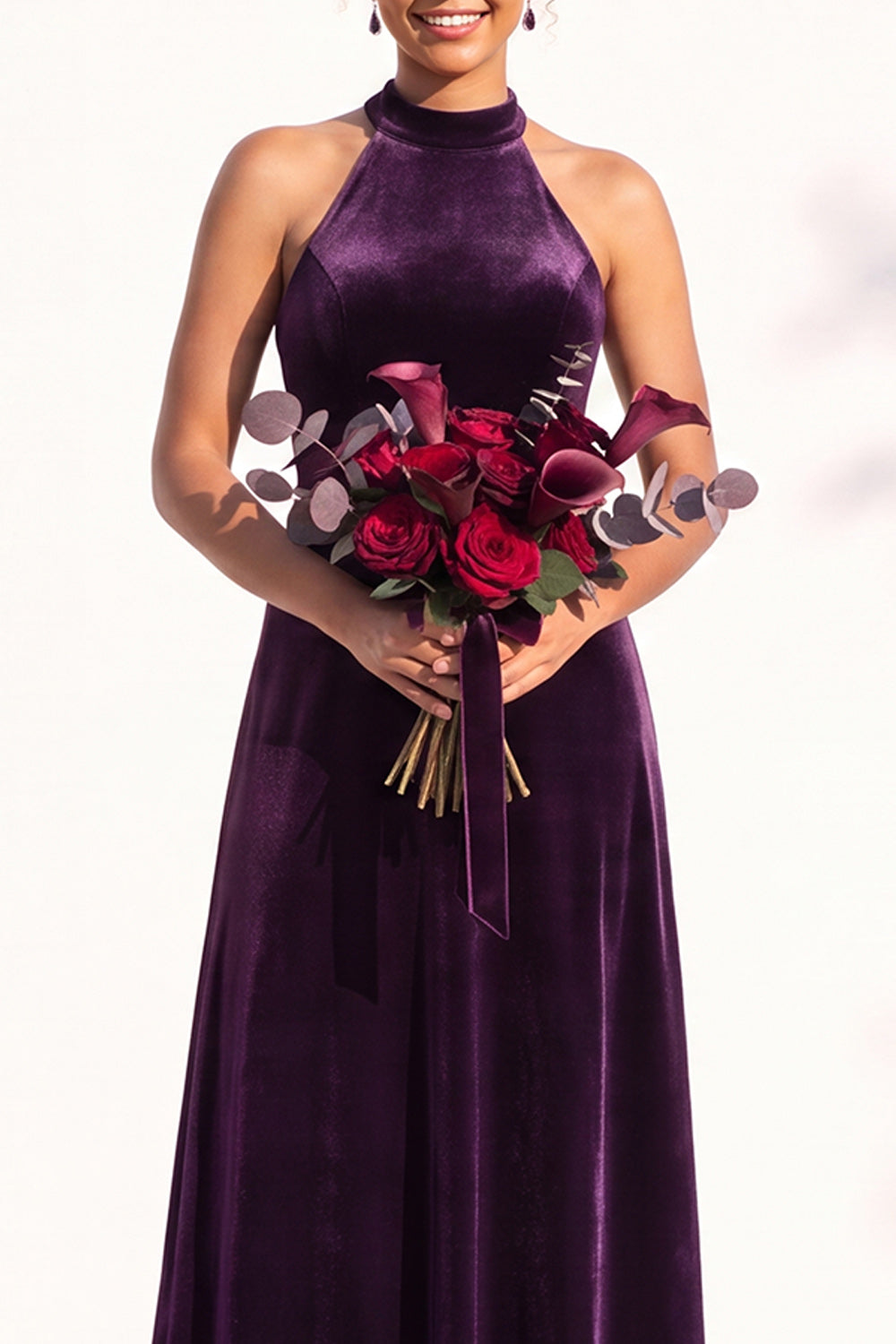 Dark Green A-Line Velvet Halter Long Formal Dress