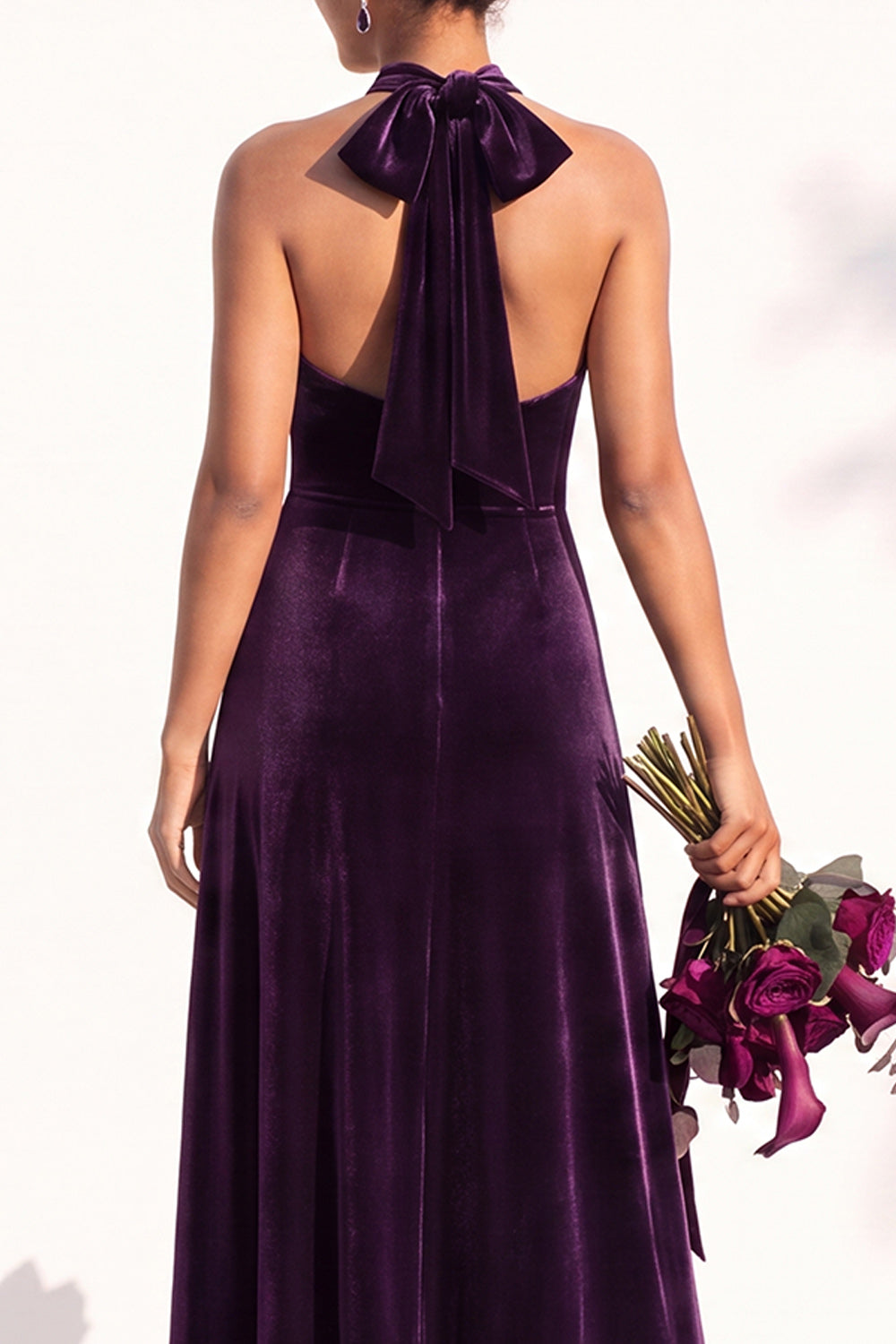 Dark Green A-Line Velvet Halter Long Formal Dress