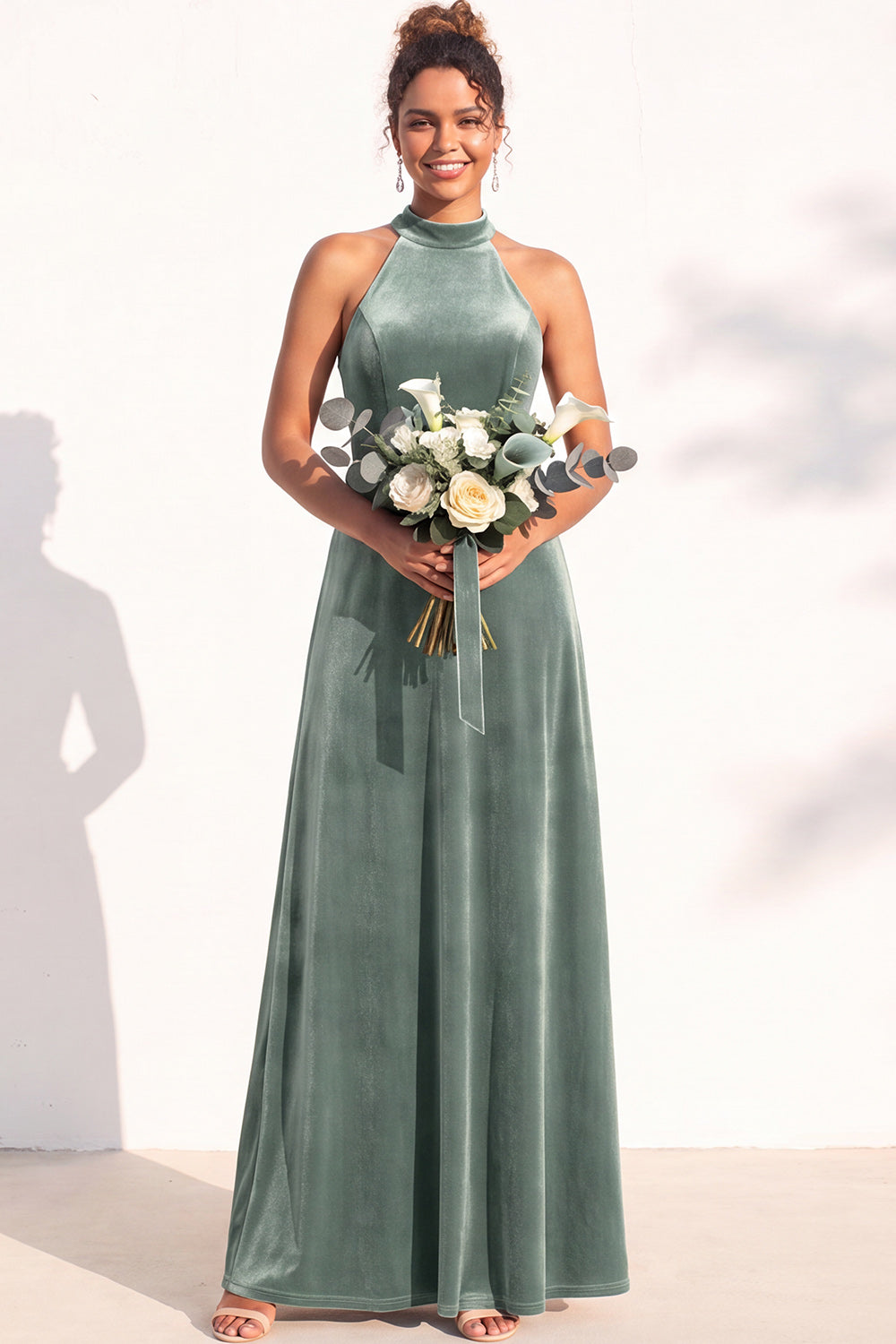 Dark Green A-Line Velvet Halter Long Formal Dress