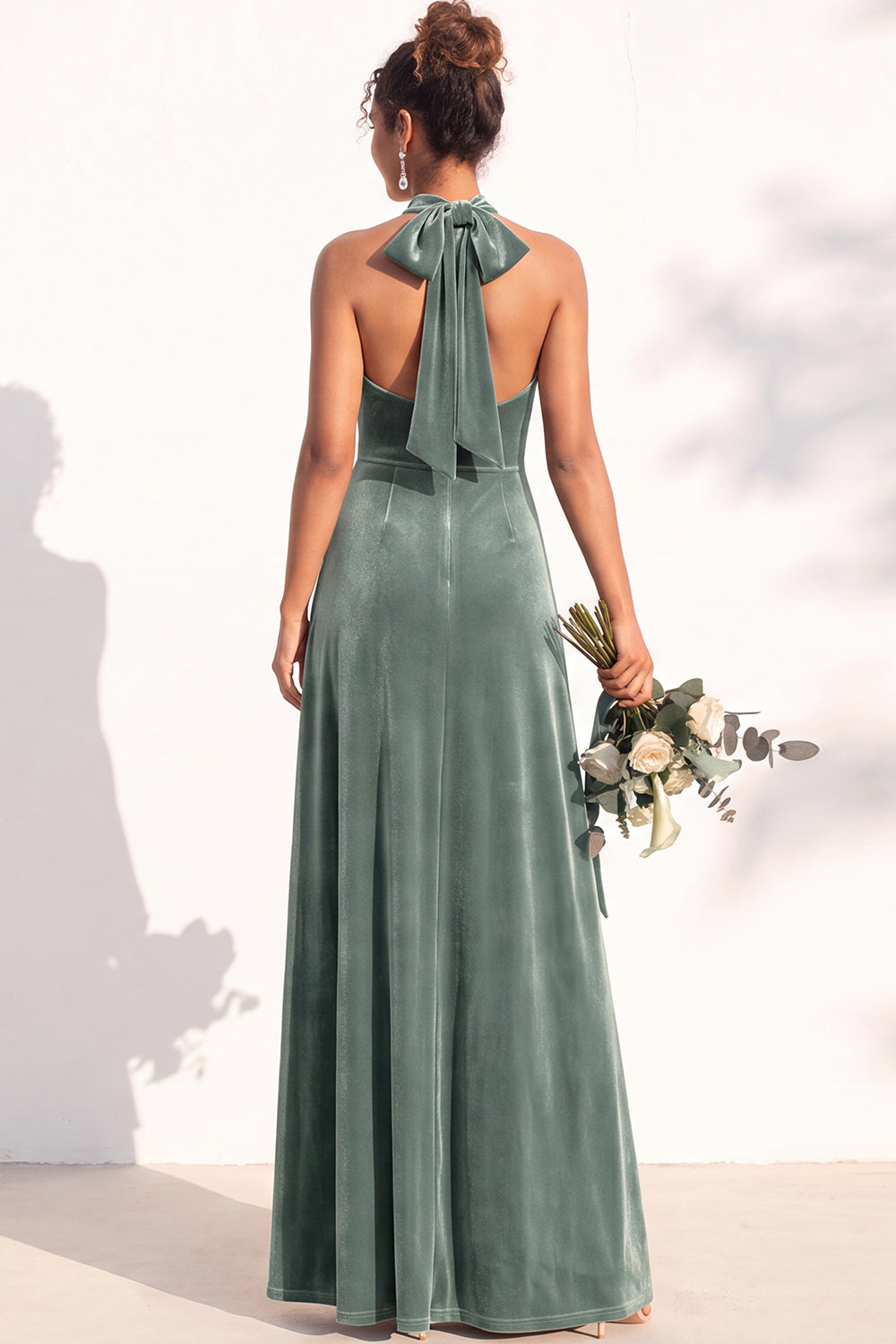 Dark Green A-Line Velvet Halter Long Formal Dress