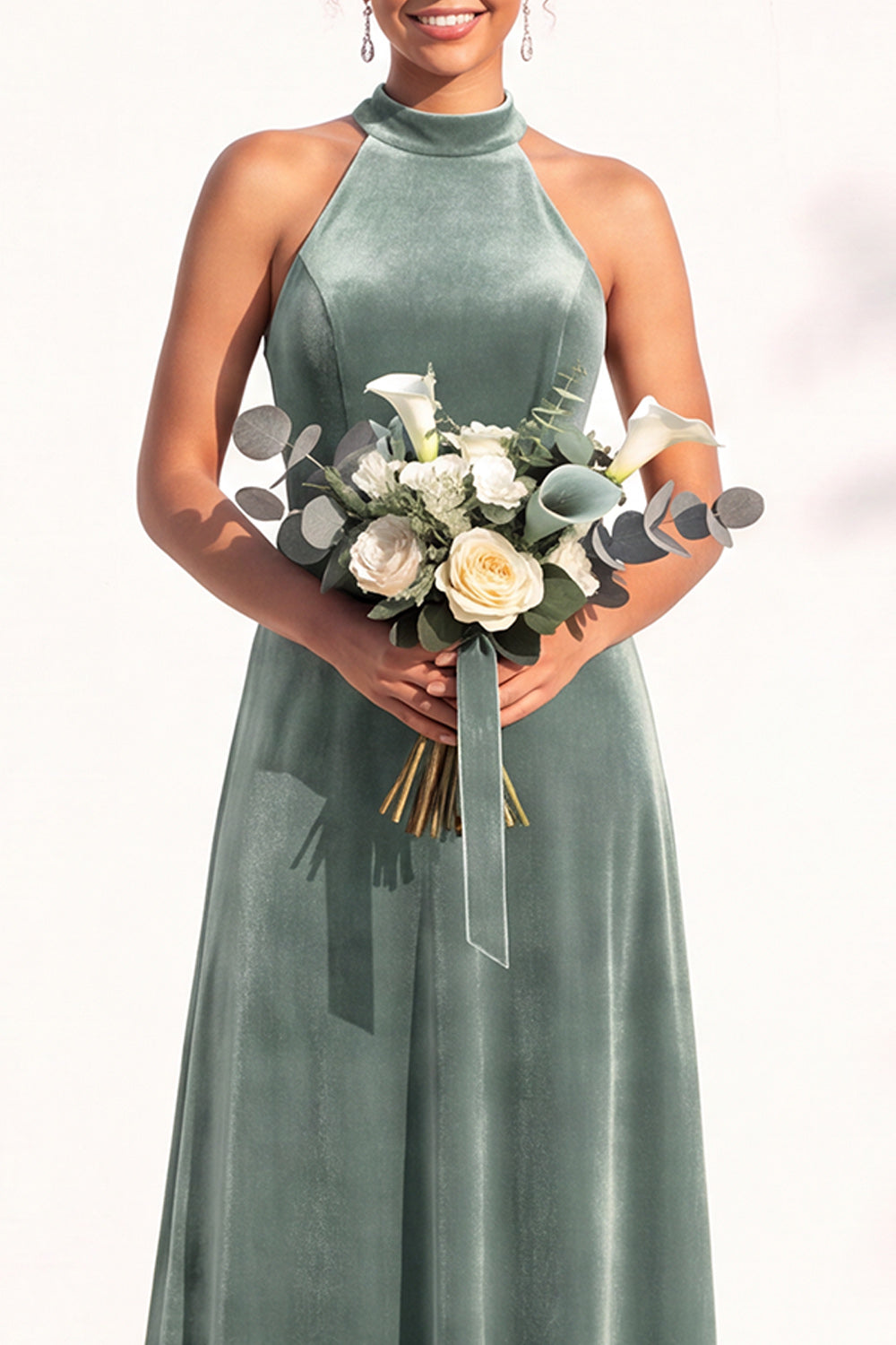Dark Green A-Line Velvet Halter Long Formal Dress