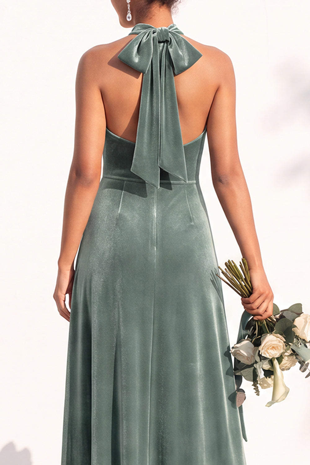 Dark Green A-Line Velvet Halter Long Formal Dress