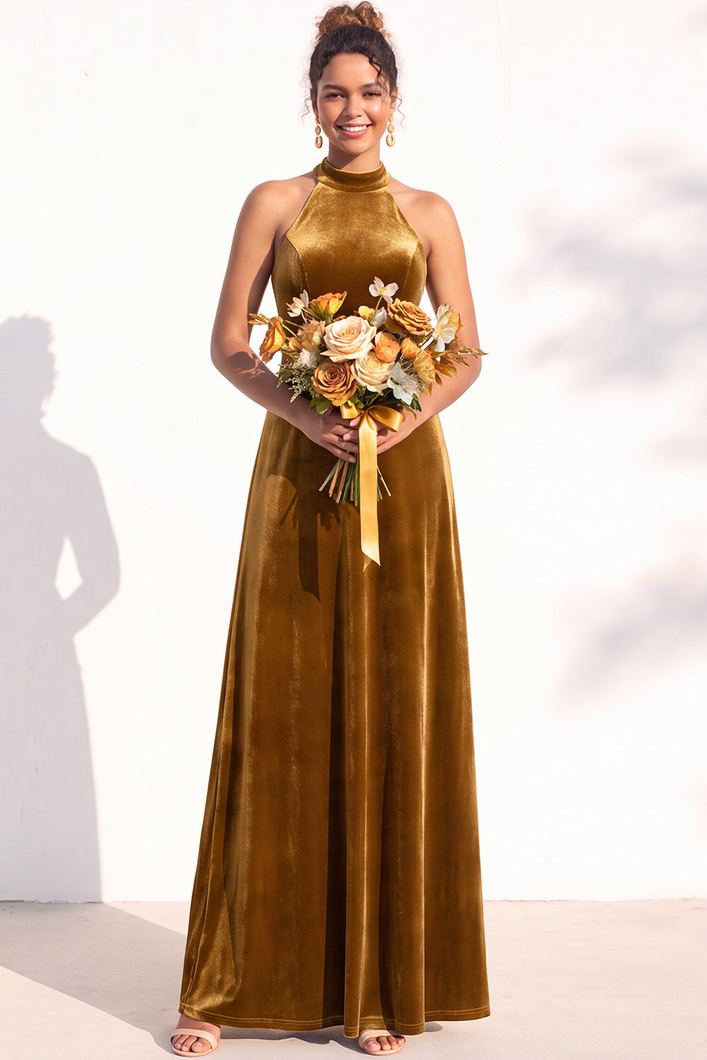 Dark Green A-Line Velvet Halter Long Formal Dress
