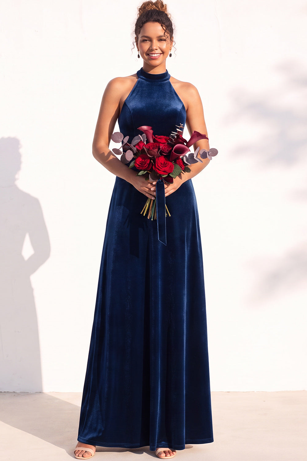 Dark Green A-Line Velvet Halter Long Formal Dress