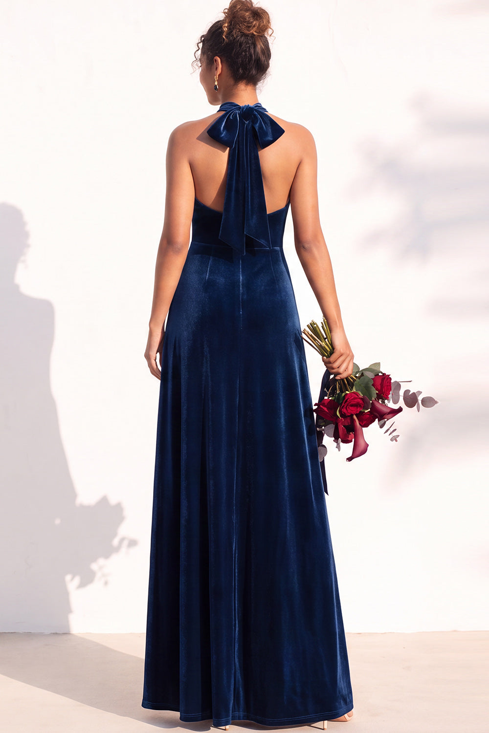 Dark Green A-Line Velvet Halter Long Formal Dress