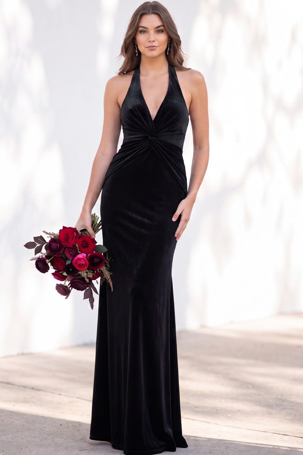 Dark Purple Velvet Mermaid Halter Ruched Long Formal Dress