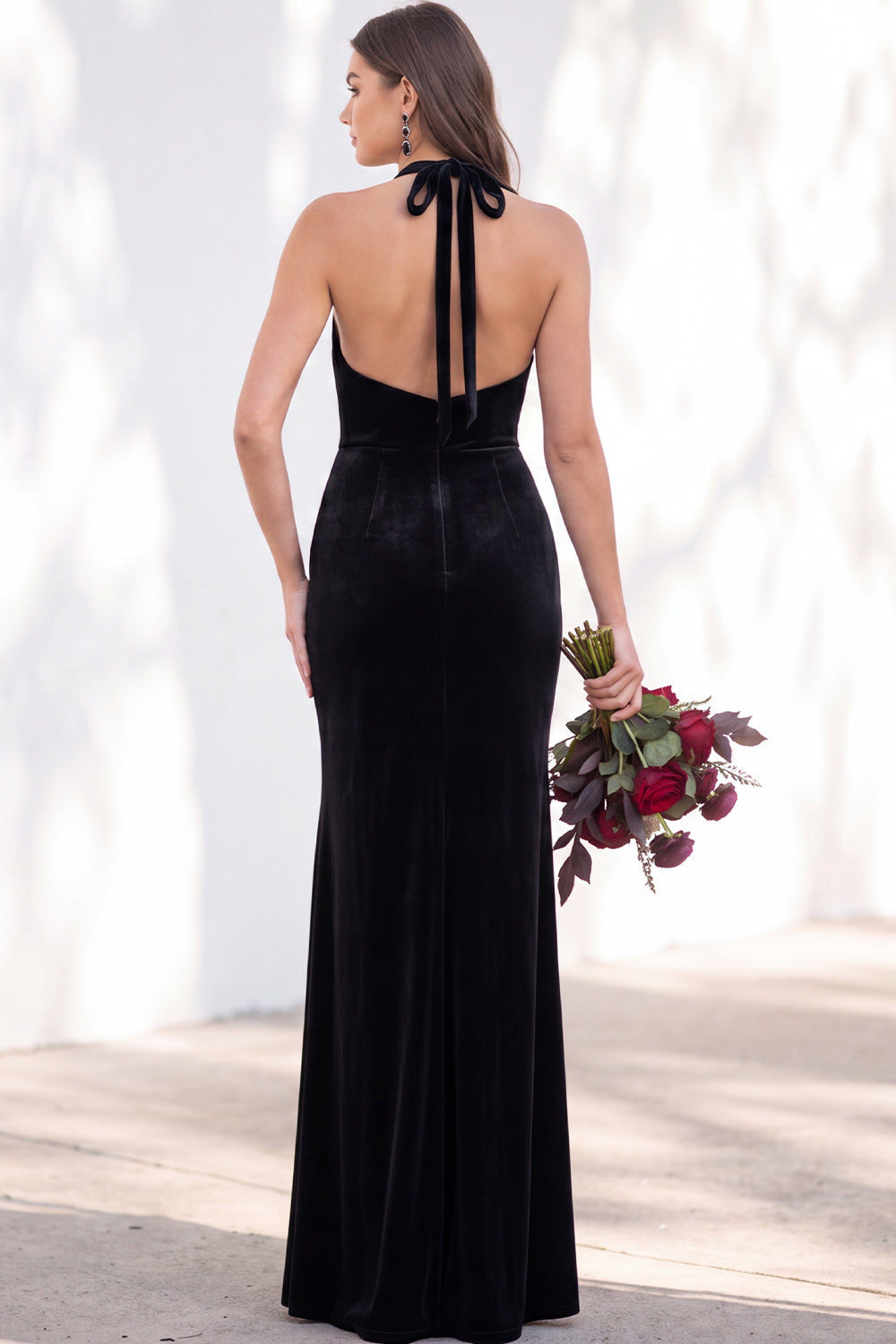 Dark Purple Velvet Mermaid Halter Ruched Long Formal Dress