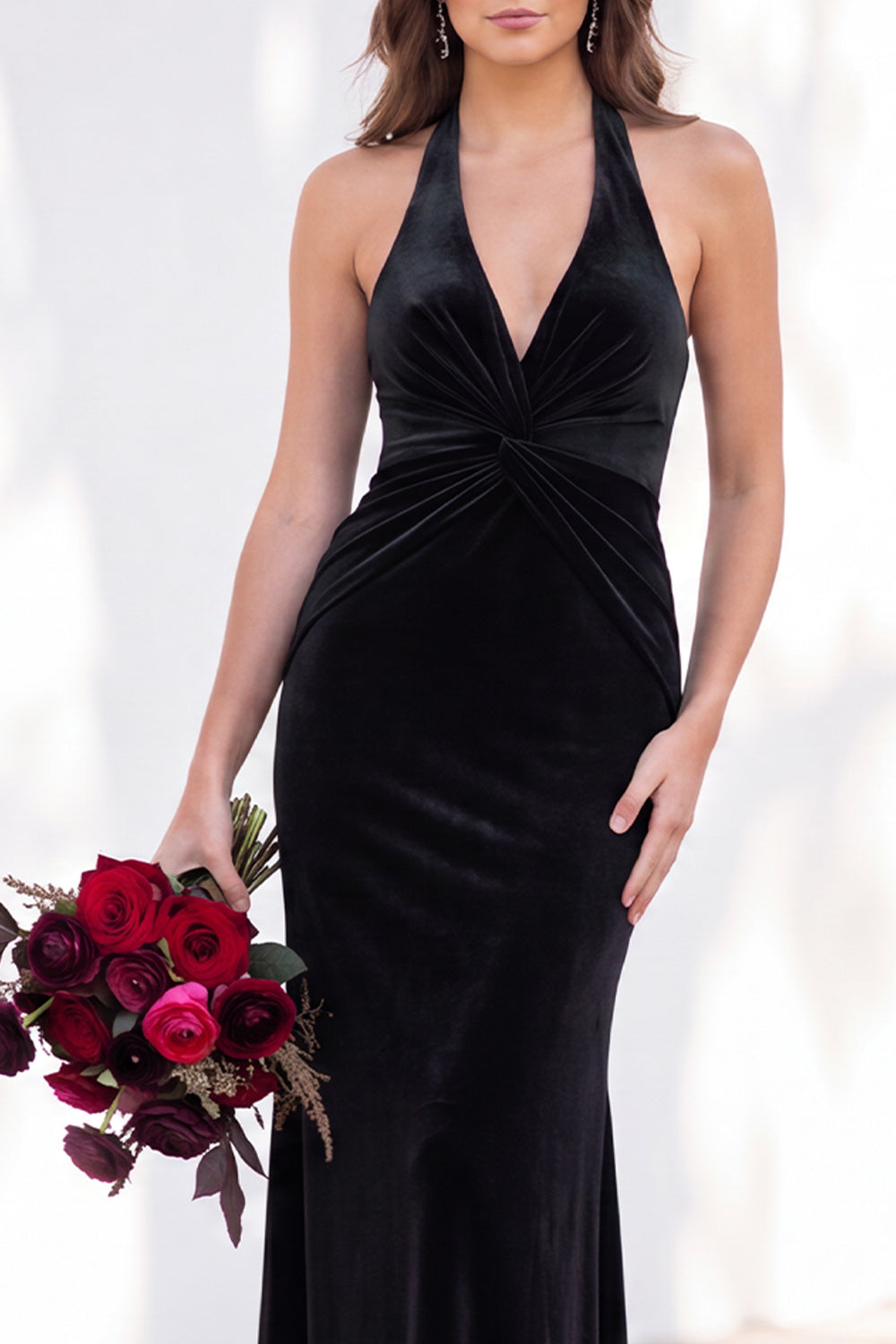 Dark Purple Velvet Mermaid Halter Ruched Long Formal Dress