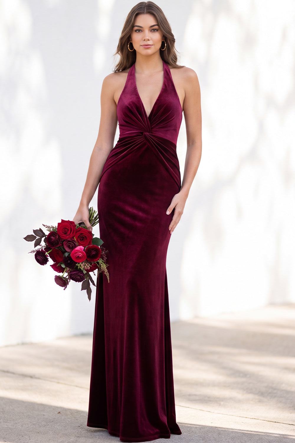 Dark Purple Velvet Mermaid Halter Ruched Long Formal Dress