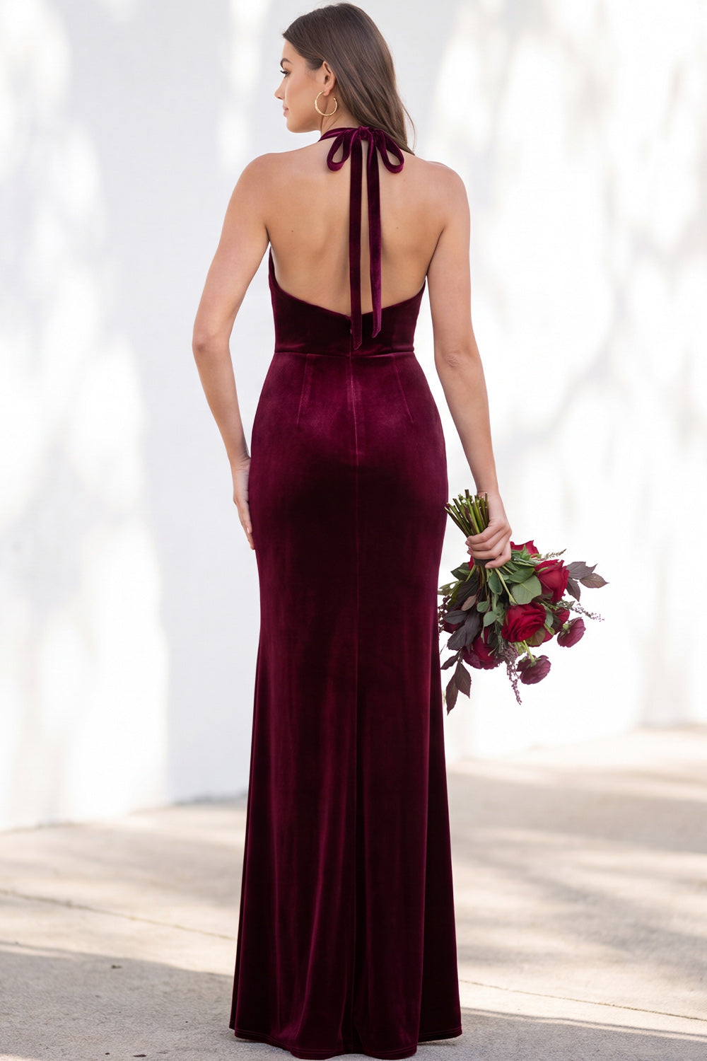 Dark Purple Velvet Mermaid Halter Ruched Long Formal Dress