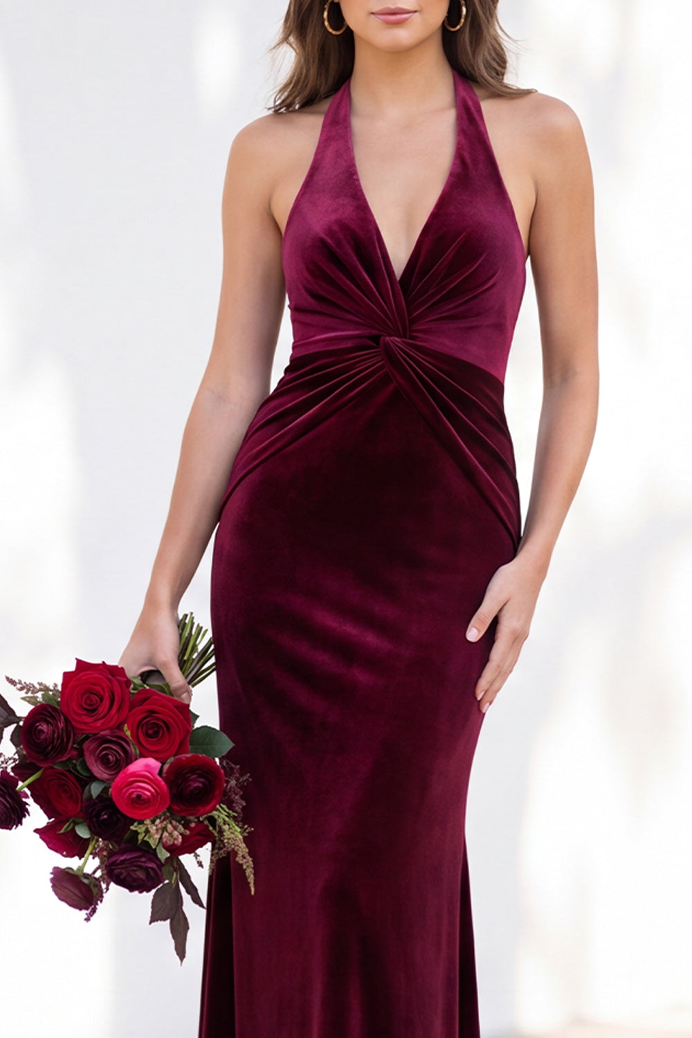 Dark Purple Velvet Mermaid Halter Ruched Long Formal Dress