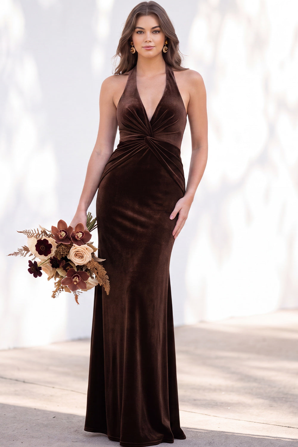 Dark Purple Velvet Mermaid Halter Ruched Long Formal Dress