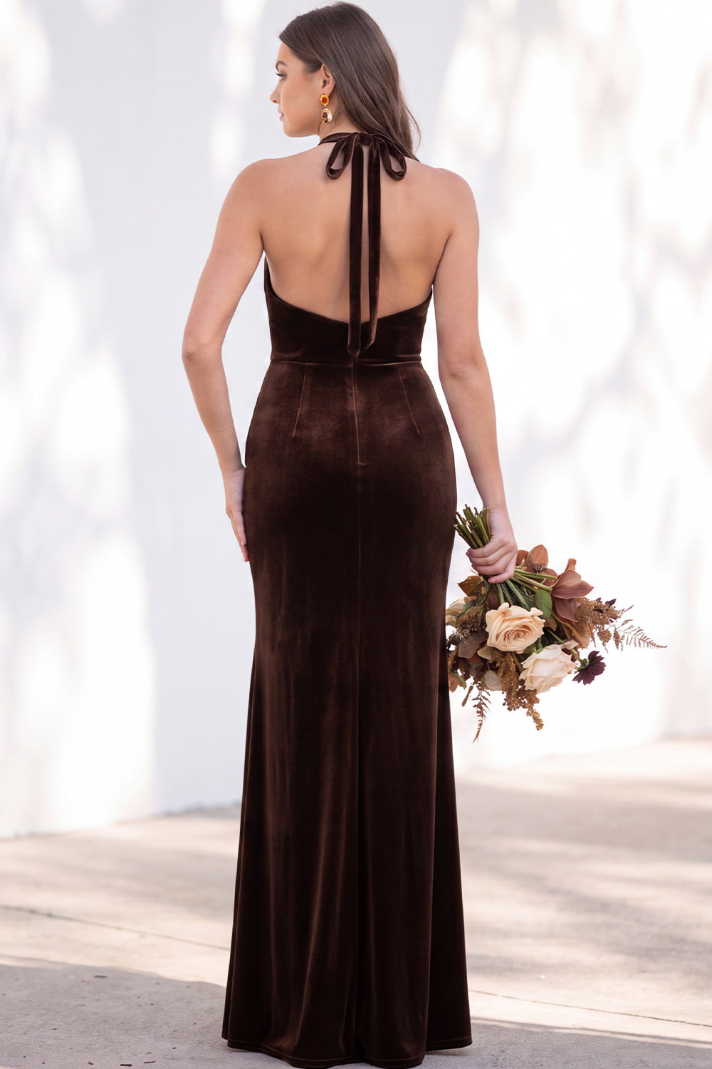 Dark Purple Velvet Mermaid Halter Ruched Long Formal Dress