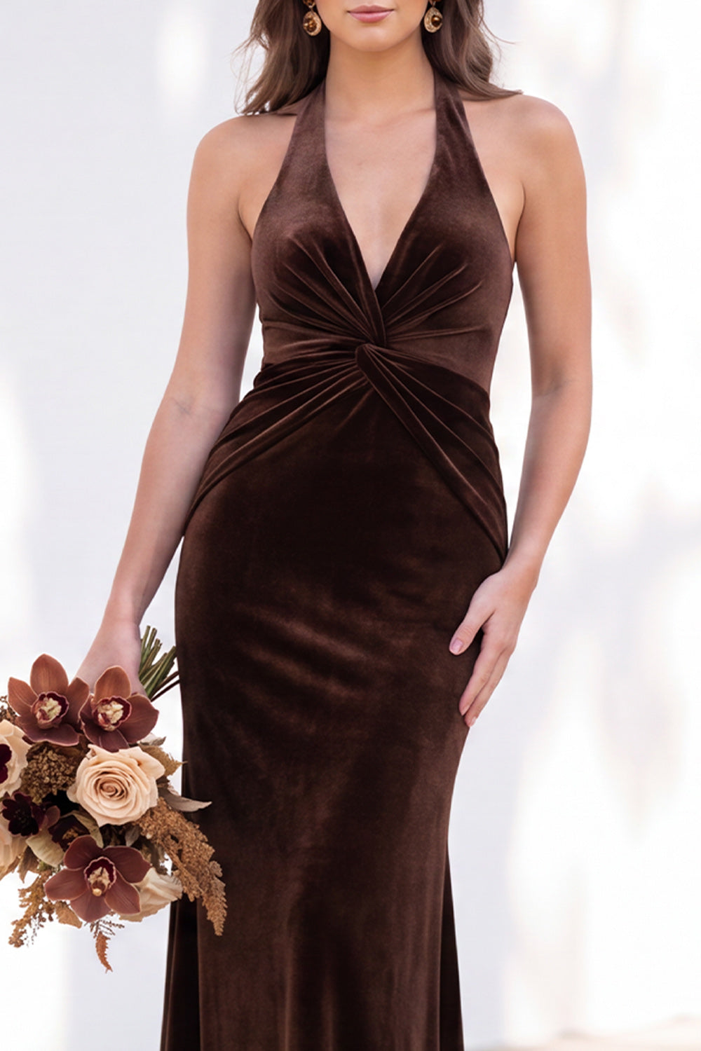 Dark Purple Velvet Mermaid Halter Ruched Long Formal Dress