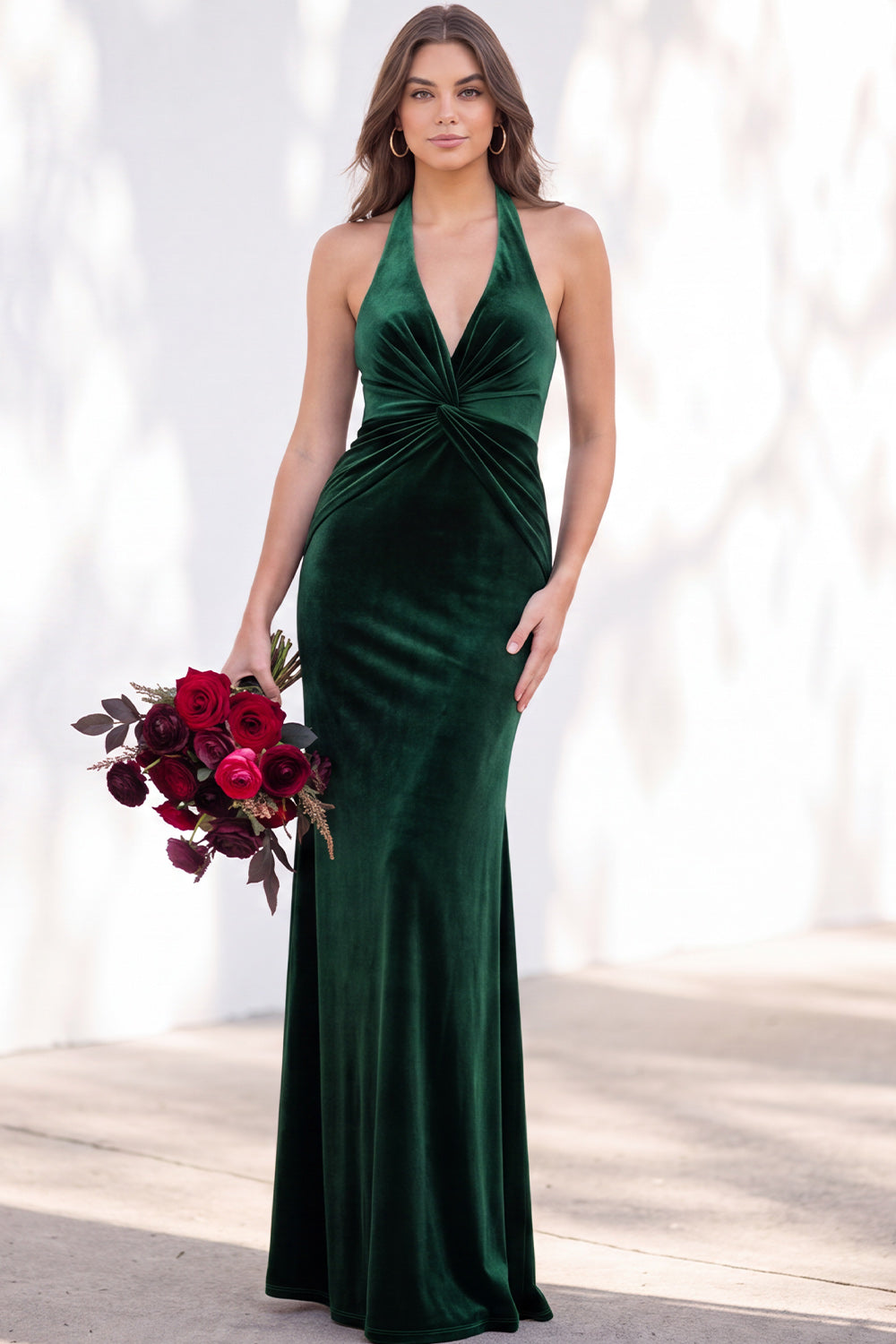 Dark Purple Velvet Mermaid Halter Ruched Long Formal Dress