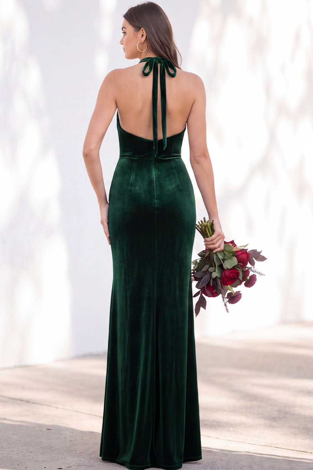 Dark Purple Velvet Mermaid Halter Ruched Long Formal Dress