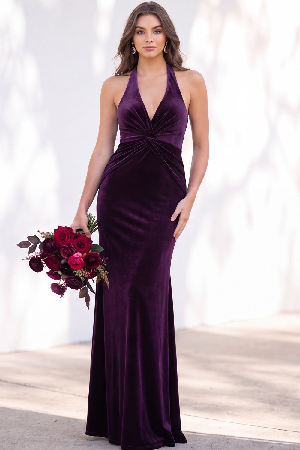 Dark Purple Velvet Mermaid Halter Ruched Long Formal Dress