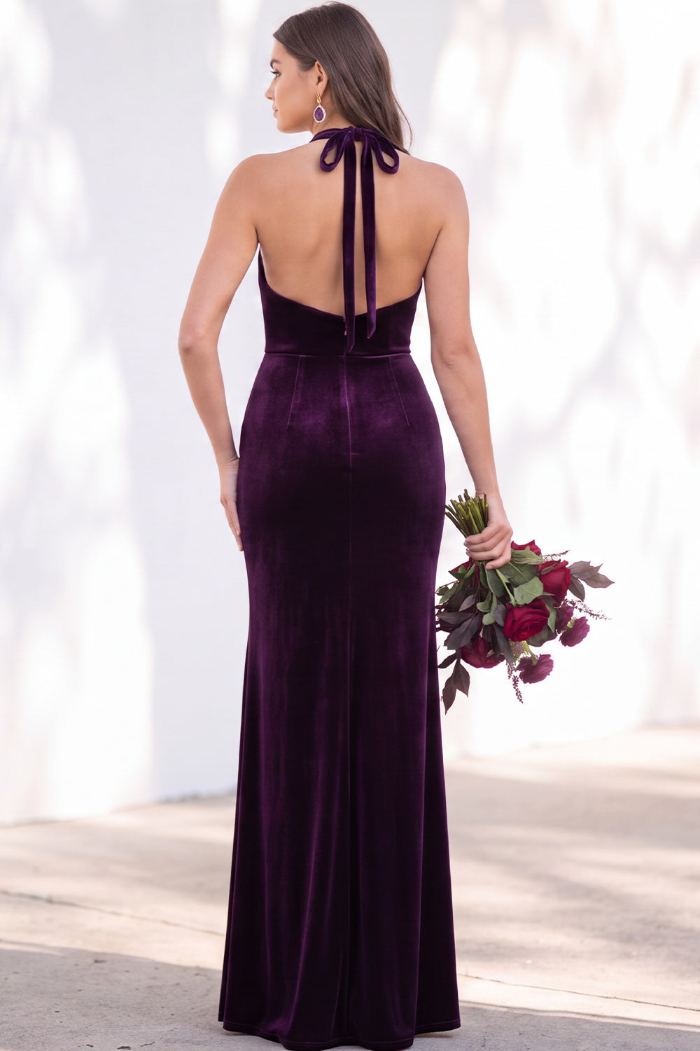 Dark Purple Velvet Mermaid Halter Ruched Long Formal Dress
