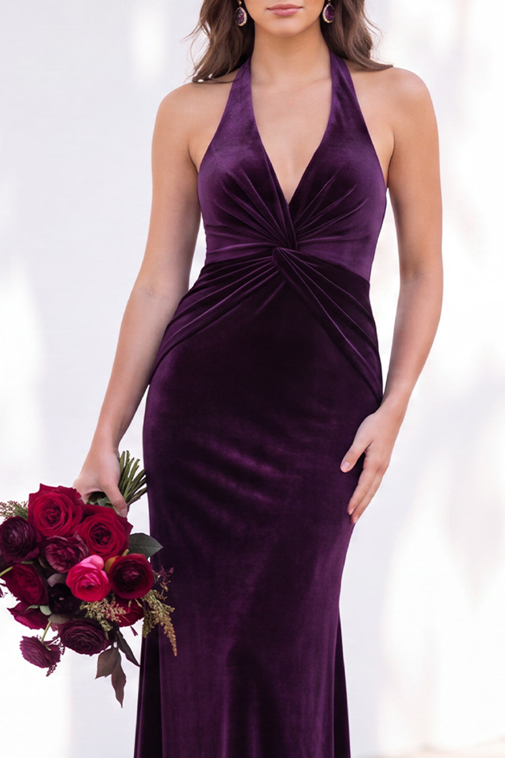 Dark Purple Velvet Mermaid Halter Ruched Long Formal Dress