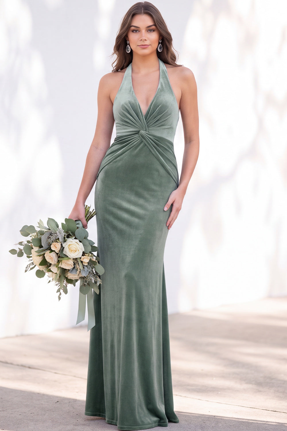 Dark Purple Velvet Mermaid Halter Ruched Long Formal Dress