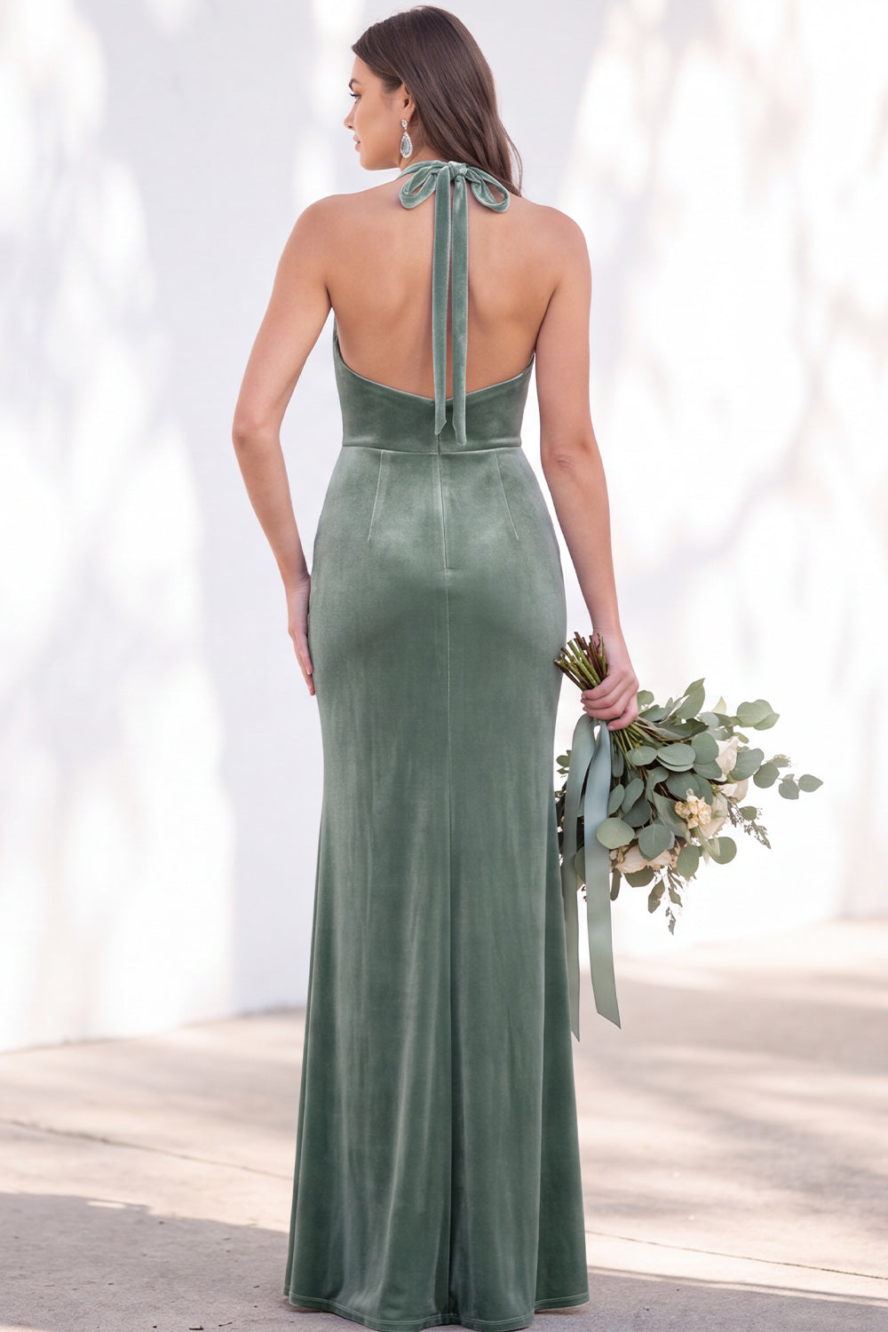 Dark Purple Velvet Mermaid Halter Ruched Long Formal Dress