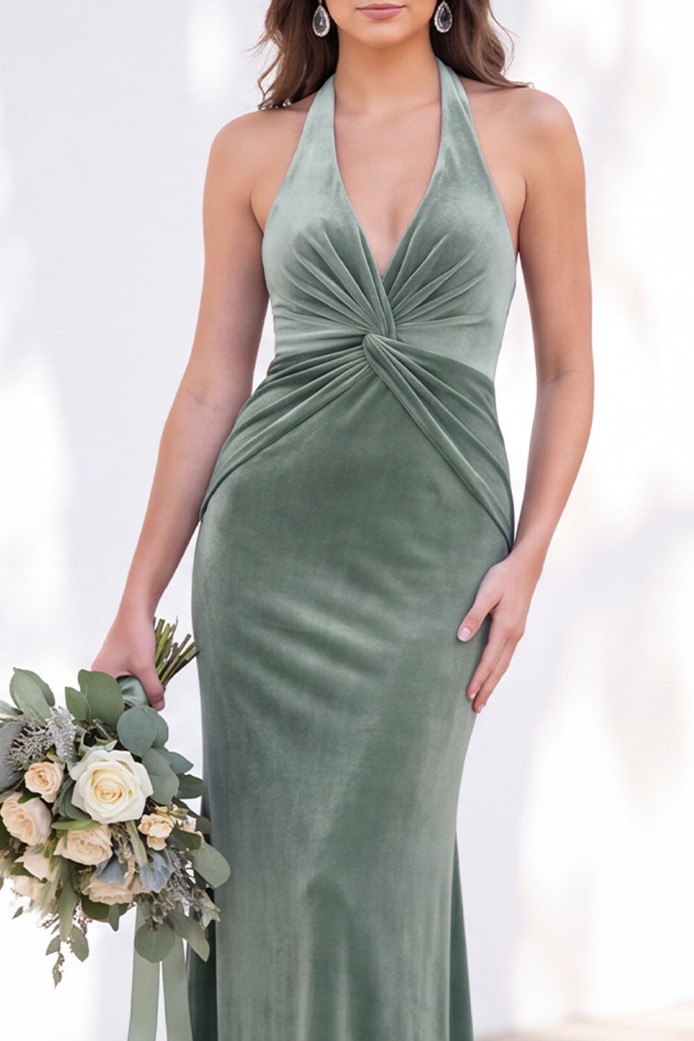 Dark Purple Velvet Mermaid Halter Ruched Long Formal Dress