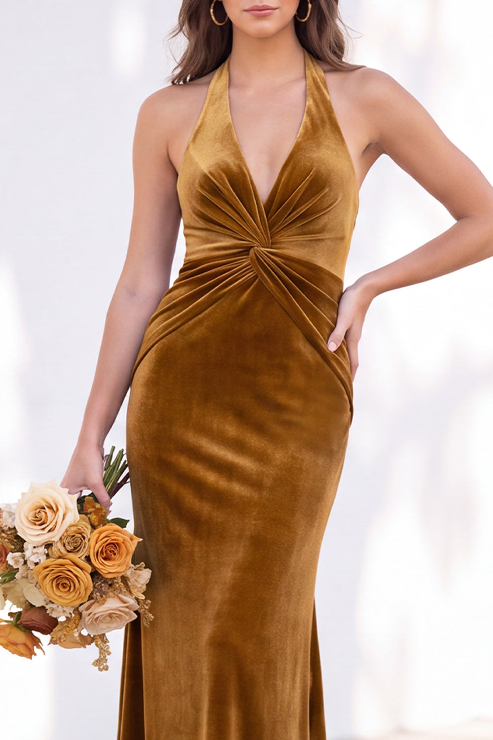 Dark Purple Velvet Mermaid Halter Ruched Long Formal Dress