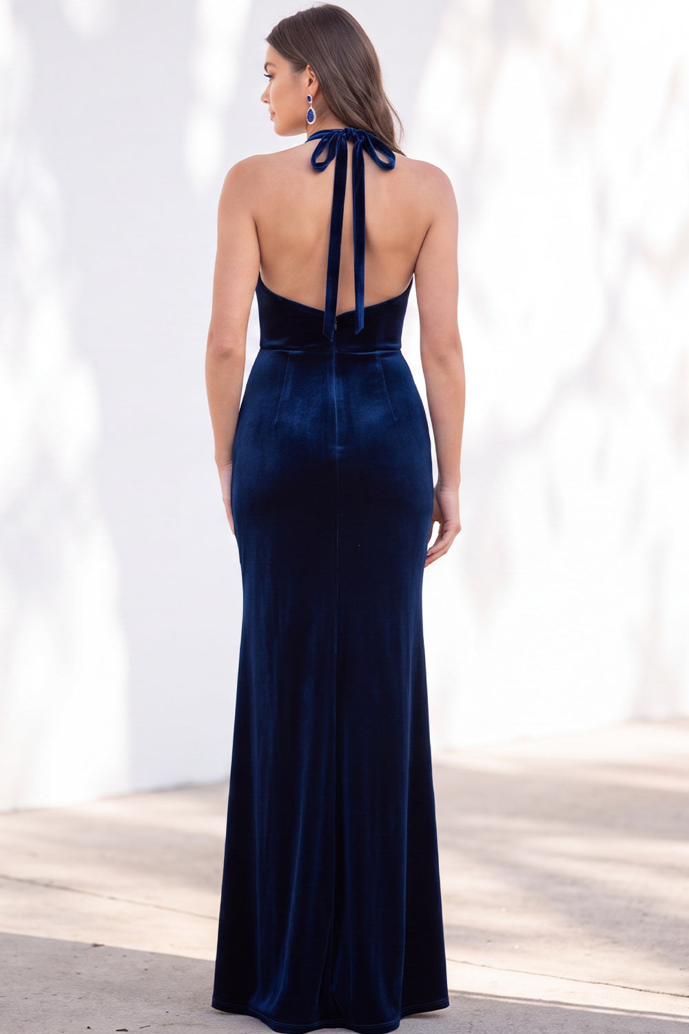 Dark Purple Velvet Mermaid Halter Ruched Long Formal Dress