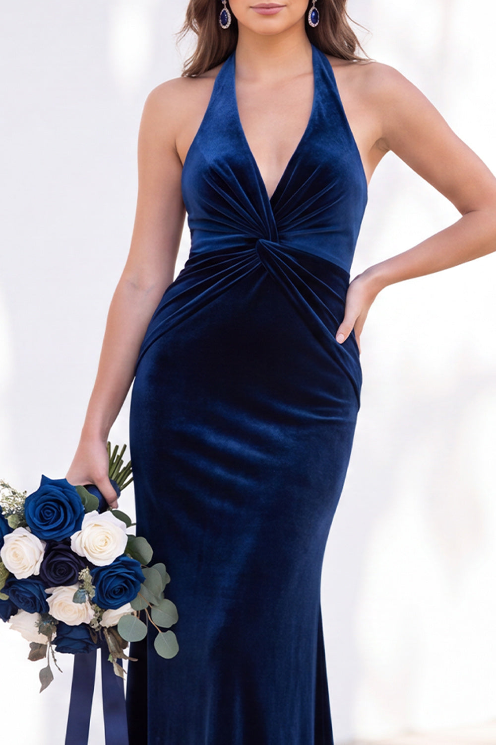 Dark Purple Velvet Mermaid Halter Ruched Long Formal Dress