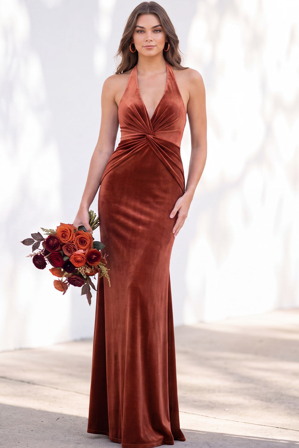 Dark Purple Velvet Mermaid Halter Ruched Long Formal Dress