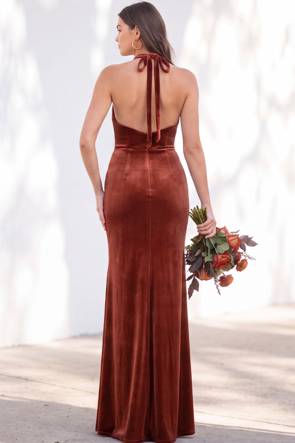 Dark Purple Velvet Mermaid Halter Ruched Long Formal Dress