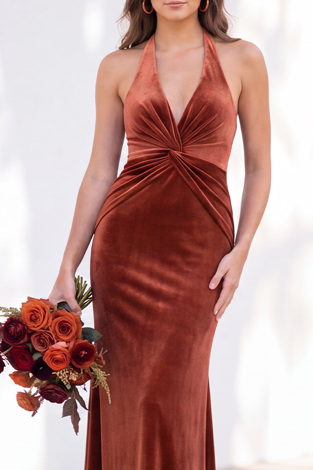 Dark Purple Velvet Mermaid Halter Ruched Long Formal Dress