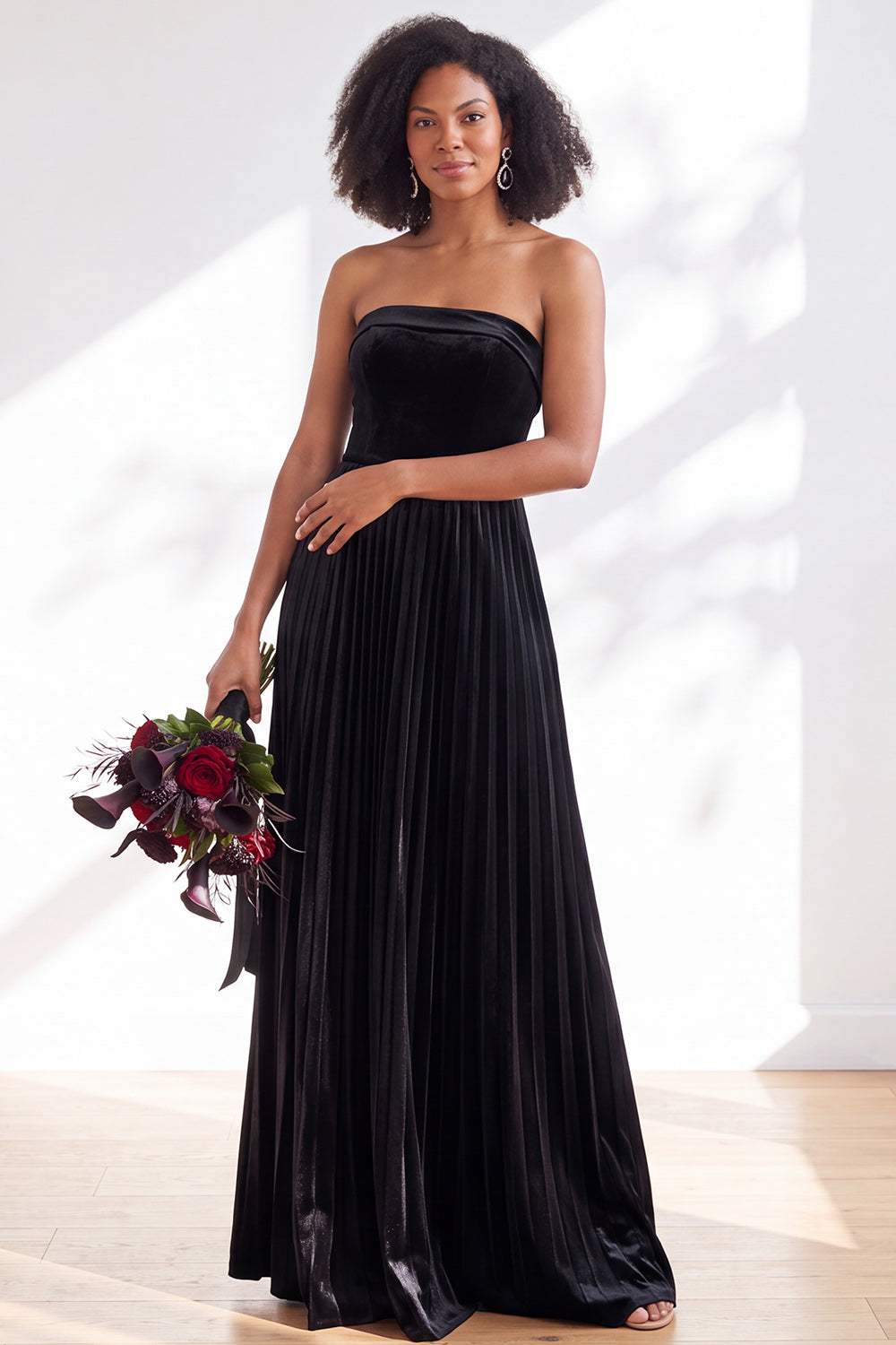 Dusty Sage Velvet Strapless Long Pleated Formal Dress