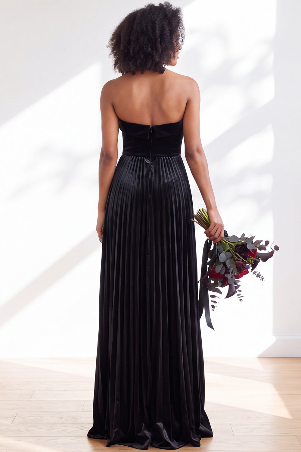Dusty Sage Velvet Strapless Long Pleated Formal Dress
